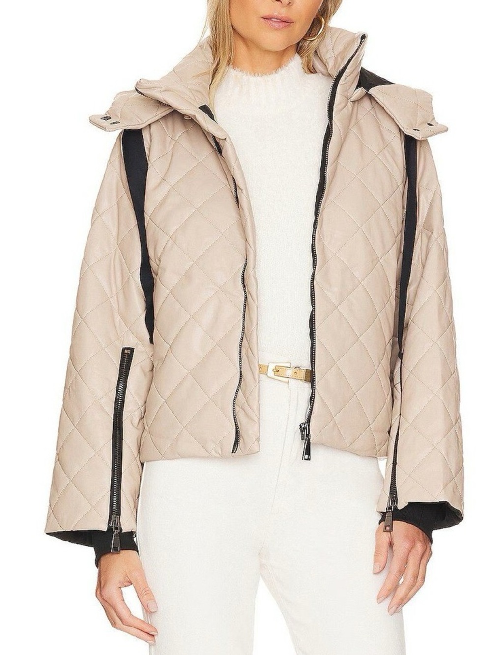 Steve Madden Quilted Beige Puffer Jacket with Black Trim